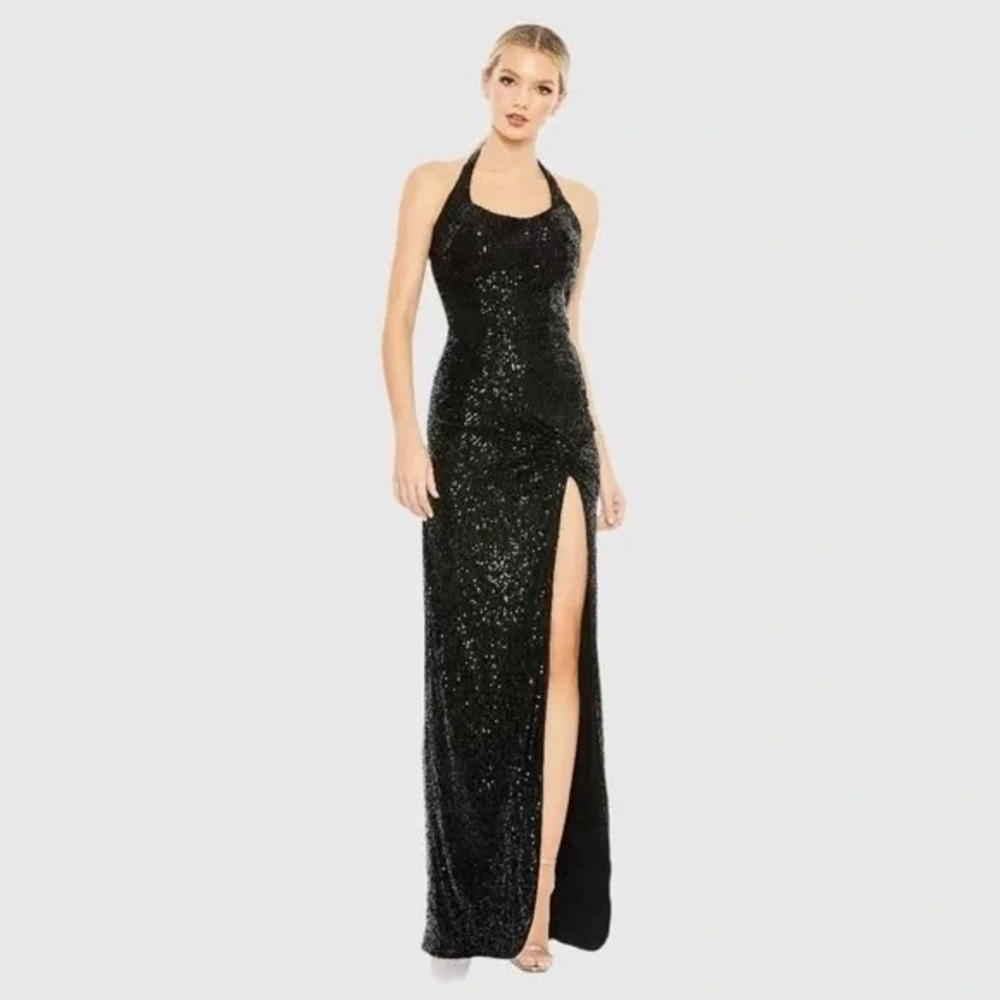 Mac Duggal 11279 NWT Black SEQUINED HALTER STRAP LOW SIDE KNOT GOWN 20 - $398